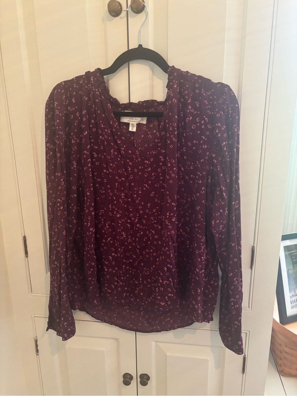 Anthropologie Burgundy Floral V-Neck Long Sleeve Blouse